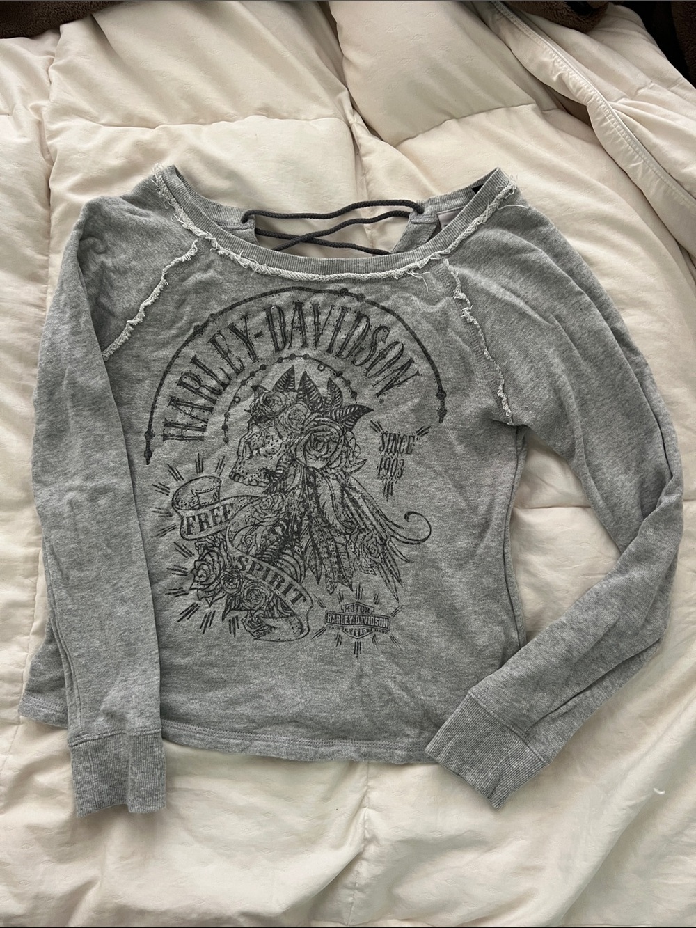 Harley-Davidson Gray Graphic Long Sleeve Shirt with Criss Cross back